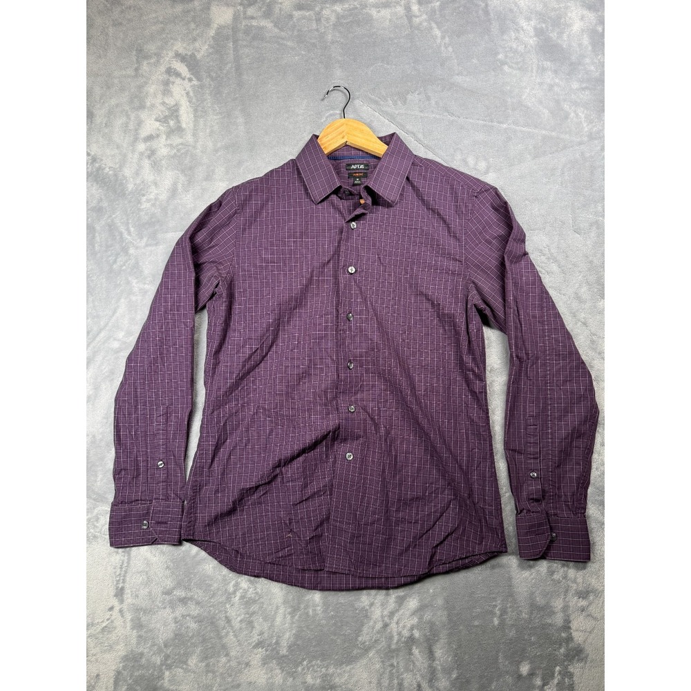 APT.9 Shirt Mens Medium Purple Gray Plaid Slim Fit Cotton Pleated Button Up